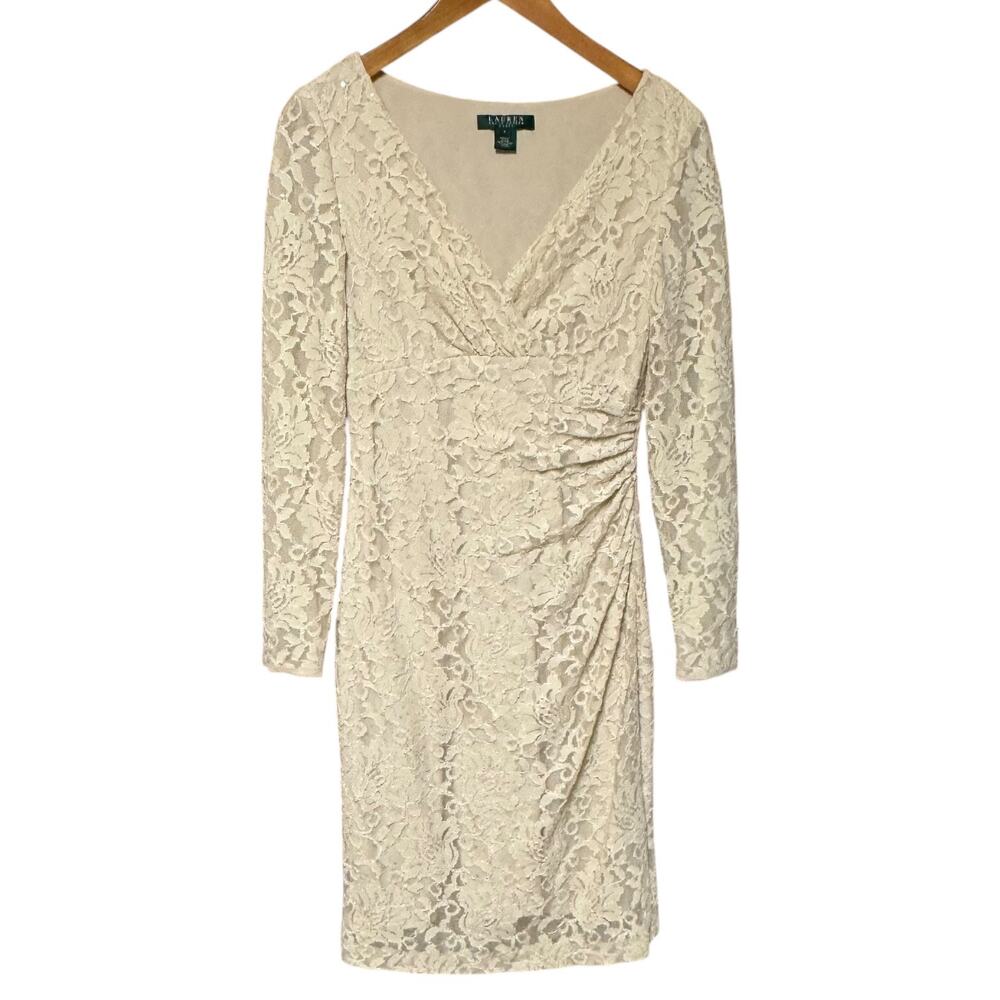 Lauren Ralph Lauren V-Neck Lace Long Sleeve Dress Cream 6